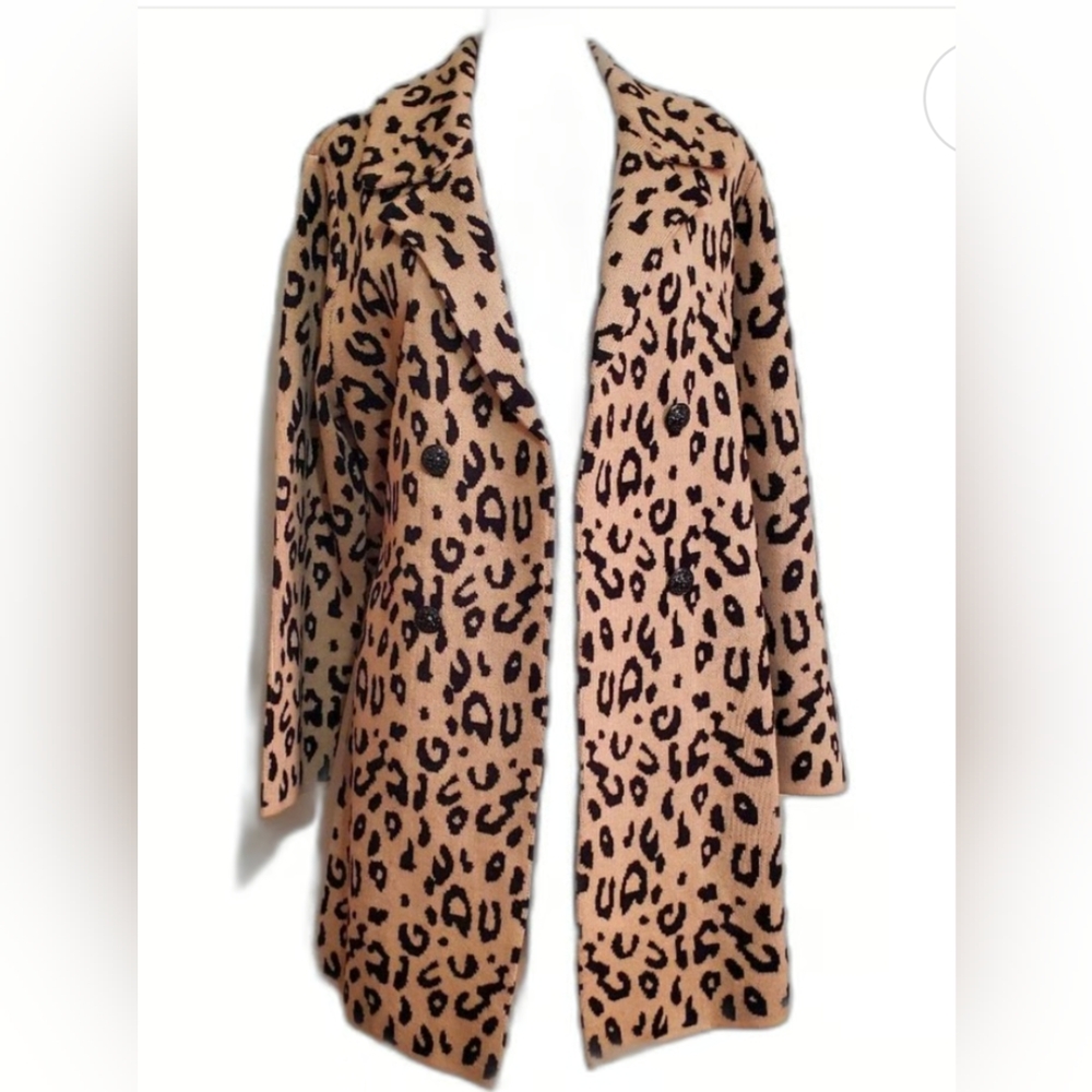 Anne Klein black tan animal leopard open front duster cardigan sweater
